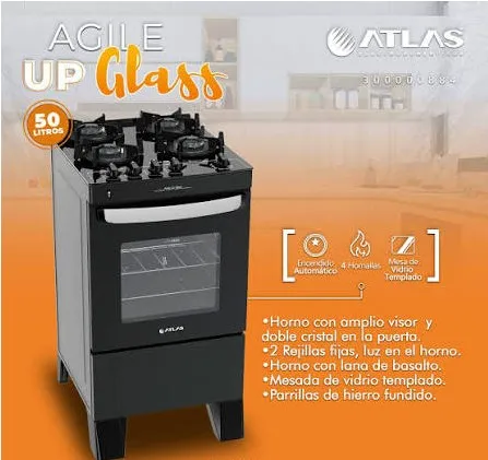 Cocina a Gas/  ATLAS Agile Up Glass 4H - Mesa de Vidio con Encendido electrico