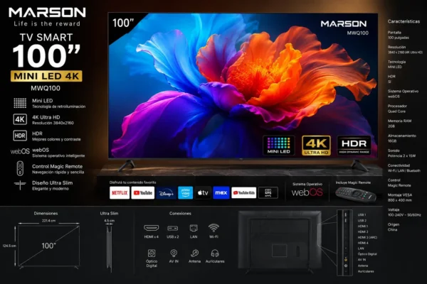 Smart TV 100 Pulgadas marca Marson Mini led- 4k - hdr -Web-os- mwq100